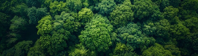 Aerial view of a mysterious, secluded forest, with the deep greens intensifying the mystery and allure of the hidden depths