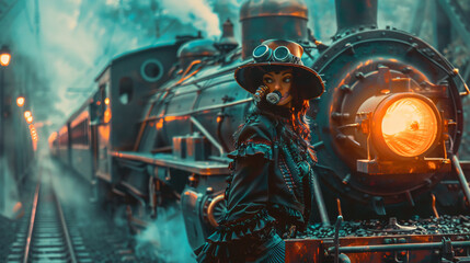 A steampunk girl is riding a train. Old retro train background