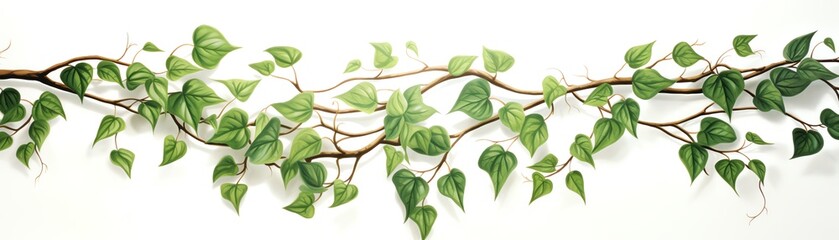 A green vine with lush leaves and tendrils, draped gracefully across a white background, emphasizing the vines natural climbing and sprawling habit