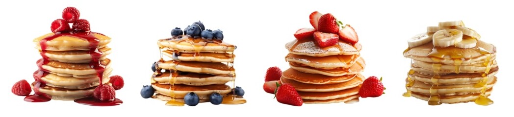 Collection of pancake stack, banana, strawberry, raspberry, blueberry fruits on transparent cutout, PNG file. Many different flavour Mockup template for design