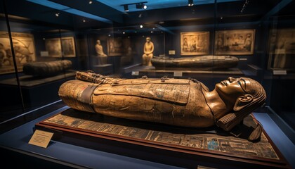 Ancient Egyptian mummy exhibit in a museum setting, focused on the intricate wrapping techniques and historical artifacts, suitable for educational and cultural themes - obrazy, fototapety, plakaty