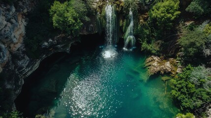 Aerial view capturing the serene beauty of a hidden waterfall, with crystalclear waters glistening under the sunlight, perfect for peaceful retreat promotions