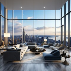 Panoramic view of a luxury minimalist living room with high ceilings and floortoceiling windows that frame a breathtaking cityscape, highlighting highend real estate - obrazy, fototapety, plakaty