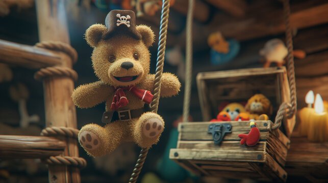 A brown teddy bear wearing a red hat with a white skull and crossbones on it and a red scarf is swinging on a rope. There is a treasure chest full of colorful balls behind it.