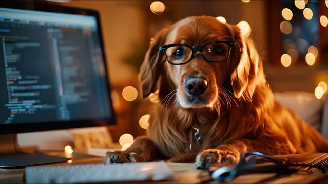 Cute dog wearing glasses using computer at home. Ai Footage.