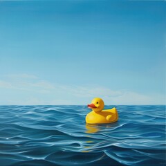 In the boundless embrace of the sea's azure depths, a jaunty yellow rubber duck floats serenely, its buoyant spirit a cheerful contrast to the solemn majesty of the ocean's embrace.