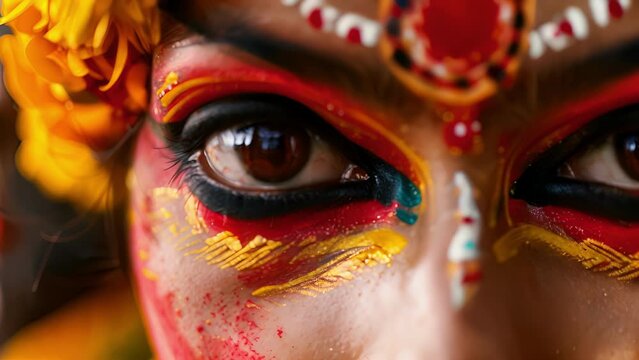 Closeup of a dancers face adorned with colorful traditional makeup conveying the heritage and cultural significance of the dance form. .