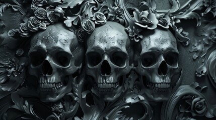 Three skulls are surrounded by flowers and leaves.