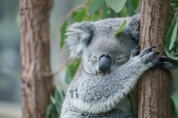 Obraz premium koala sleeping soundly in a cute tree with a jungle theme, generative ai