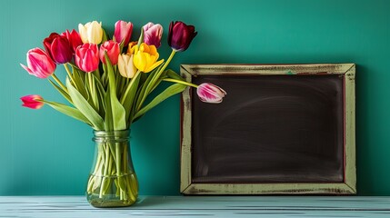 colorful tulips in a Vase with teal background and chalkboard, mother's day