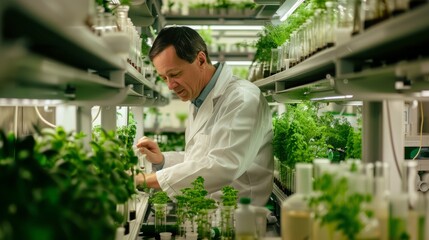 A botanist in a white lab coat conducting experiments in a greenhouse filled with plants and equipment