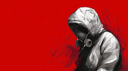 A man in a white hoodie and gas mask against a red background, drawn in pen in a simple sketchbook style, bio hazard gear