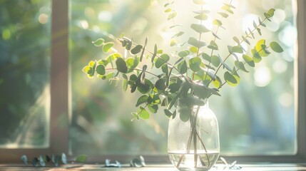 A glass vase filled with eucalyptus leaves sits on a table, with sunlight illuminating the arrangement