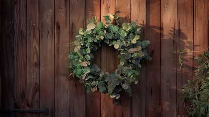Eucalyptus wreath hanging on a wooden wall with soft morning light filtering through