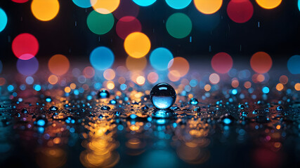 Macro shot of water droplets with colorful bokeh lights, creating an abstract background.