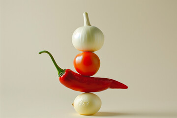 tasty and healthy fresh tomatoe, pepper and onions balancing on each other, vegetables full of vitamins and antioxidants, still life artwork