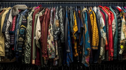 A wide-angle shot of a closet with a rack filled with shirts, pants, and jackets