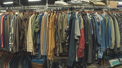 A wide-angle shot of a clothing rack filled with various garments, including shirts, pants, and jackets, in a clothing store