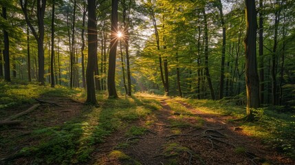 Golden sunlight shines through the trees in a forest clearing, illuminating a winding hiking trail