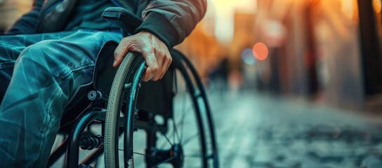 Closeup of young man in wheelchair with blurred sunlight background. Generate AI image
