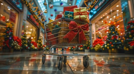 A filled shopping cart stands in a mall, loaded with presents in front of a festive store display