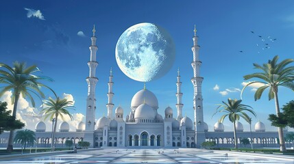 The image shows a white mosque with four tall minarets. There is a full moon in the light blue sky and palm trees on either side of the mosque.