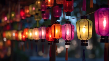 Obraz premium hanging traditional lanterns, blurred background.