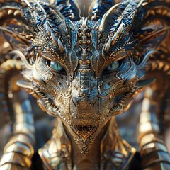 Create a stunning image of a frontal view encounter between futuristic technologies and ancient mythical creatures rendered in hyper-realistic CG 3D, emphasizing intricate metallic details against myt