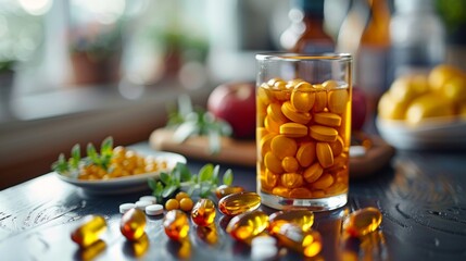 Glass Filled With Pills on Table. Generative AI