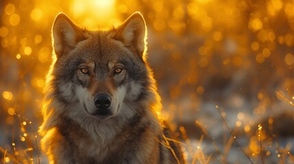 dreamcore, a wolf in the woods, a stunning animal, and the first light of the morning