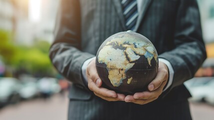 concept for a franchise business, A marketing expansion strategy or franchise business for growth. In the global business network, a businessman is holding the globe with a franchise marketing system.