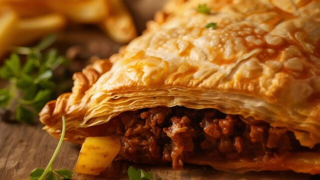 Closeup of a goldenbrown flaky puff pastry filled with savory ed beef a popular snack known as a Jamaican patty. .