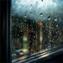 Raindrops on glass: close-up of a window on a rainy day