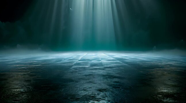 Light from above shines down into the dark, empty room, casting shadows and wisps of smoke, creating an atmosphere filled with mystery and intrigue