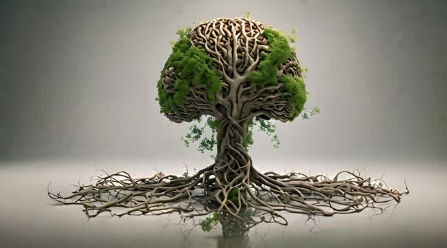 Abstract tree with roots resembling human brain, tall and lush with green leaves, its roots intertwining and extending from the ground