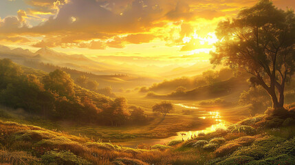 Paint a picture of serenity as you watch the sunrise over a tranquil valley, its golden light painting the landscape