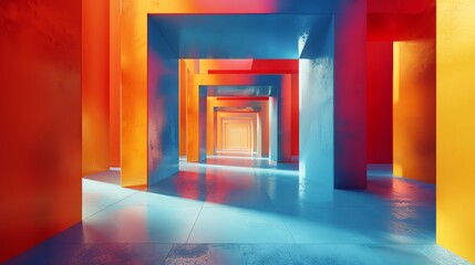 Explore dynamic color contrasts and spatial depth in a frontal view abstract composition Utilize innovative lighting techniques to play with shadows and highlights for a striking visual impact