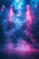Blue and purple smoke on a black background with three spotlights.