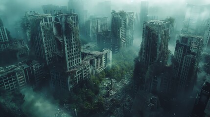 Capture the haunting allure of a deserted, overgrown cityscape from a birds-eye view Convey a sense of desolation and mystery through a blend of dark hues and stark contrasts with a touch of surrealis