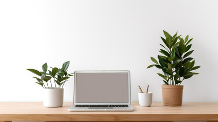 A mockup of laptop with plants in pot over white background