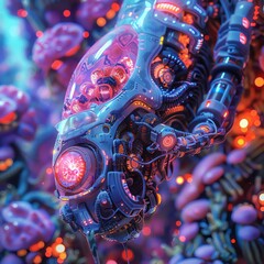 Create a striking image of futuristic technologies merging with underwater worlds in a close-up shot Show sleek, luminous gadgets blending seamlessly with vibrant marine life, highlighting intricate d