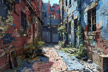Fototapeta premium Craft a digital oil painting of a mysterious back-alley in an augmented reality world Incorporate unexpected camera angles to reveal hidden details, like glitching holograms and lurking shadows