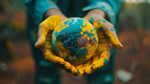 A cropped shot of hands painted to look like the earth