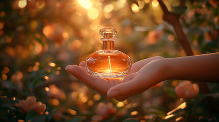 In the delicate hands of a lady, an elegant bottle of fragrant perfume glitters against a background of flowers, surrounded by shimmering sunlight, calling for a charming fragrant journey