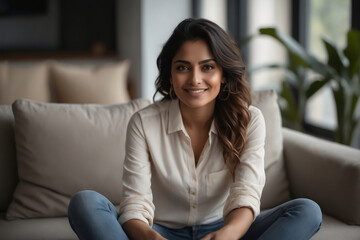 Sympathische junge Inderin auf moderner Couch in modern eingerichteten Wohnzimmer mit viel Tageslicht