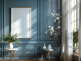 Sheer Elegance: Scandinavian Dining Room Featuring White Frame Mockup - obrazy, fototapety, plakaty