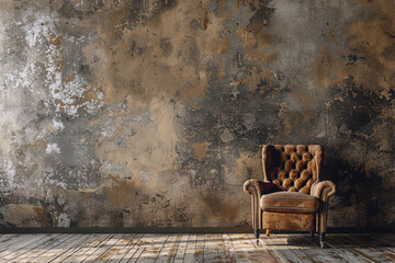 Retro vibes in a forgotten place, a Chesterfield armchair stands alone against a peeling wall mural, bathed in warm sunlight.