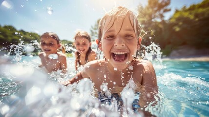 Children are playing and having fun on the beach in summer.