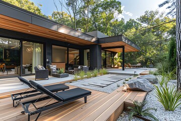 A stylish and modern house outdoor space with a lounge chairs