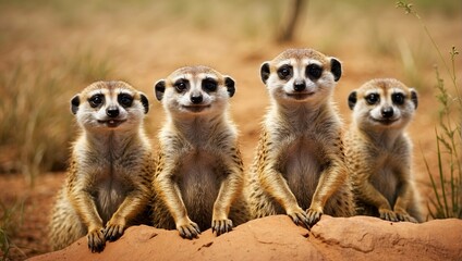 Fototapeta premium Four meerkats are sitting in a row on a tan patch of ground.